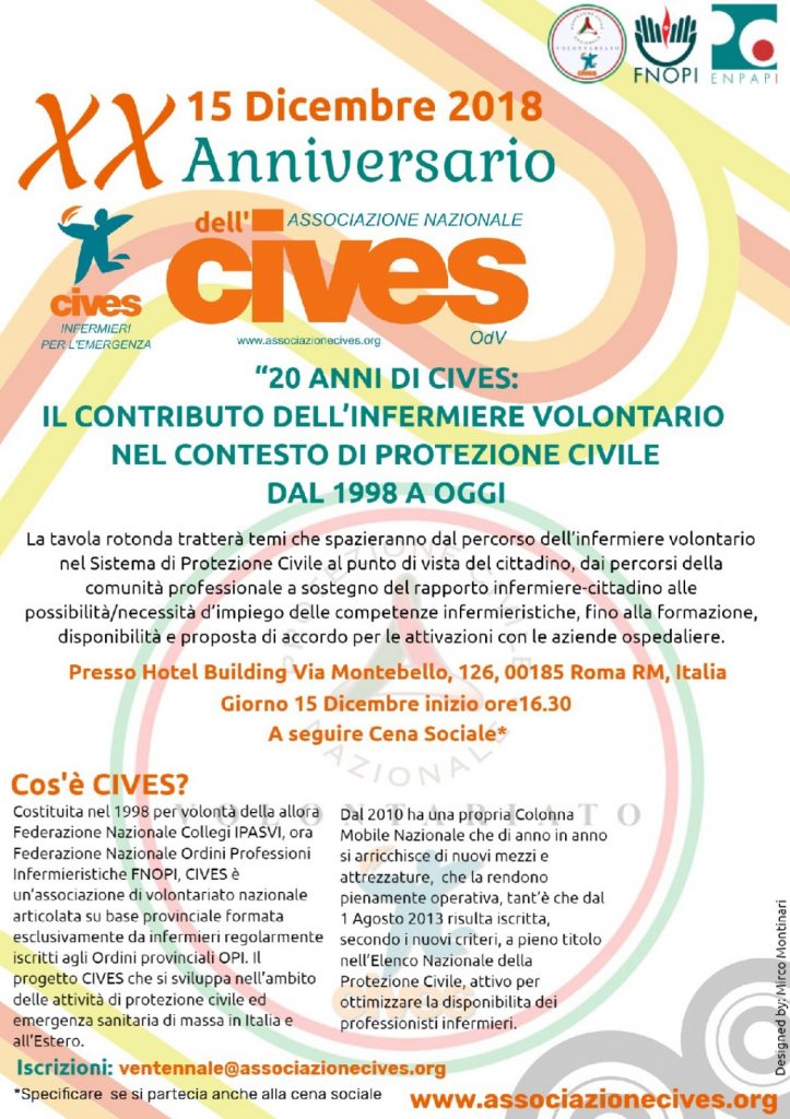 “20 ANNI DI CIVES: IL CONTRIBUTO DELL’INFERMIERE VOLONTARIO NEL CONTESTO DI PROTEZIONE CIVILE DAL 1998 A OGGI” – 15 DICEMBRE 2018