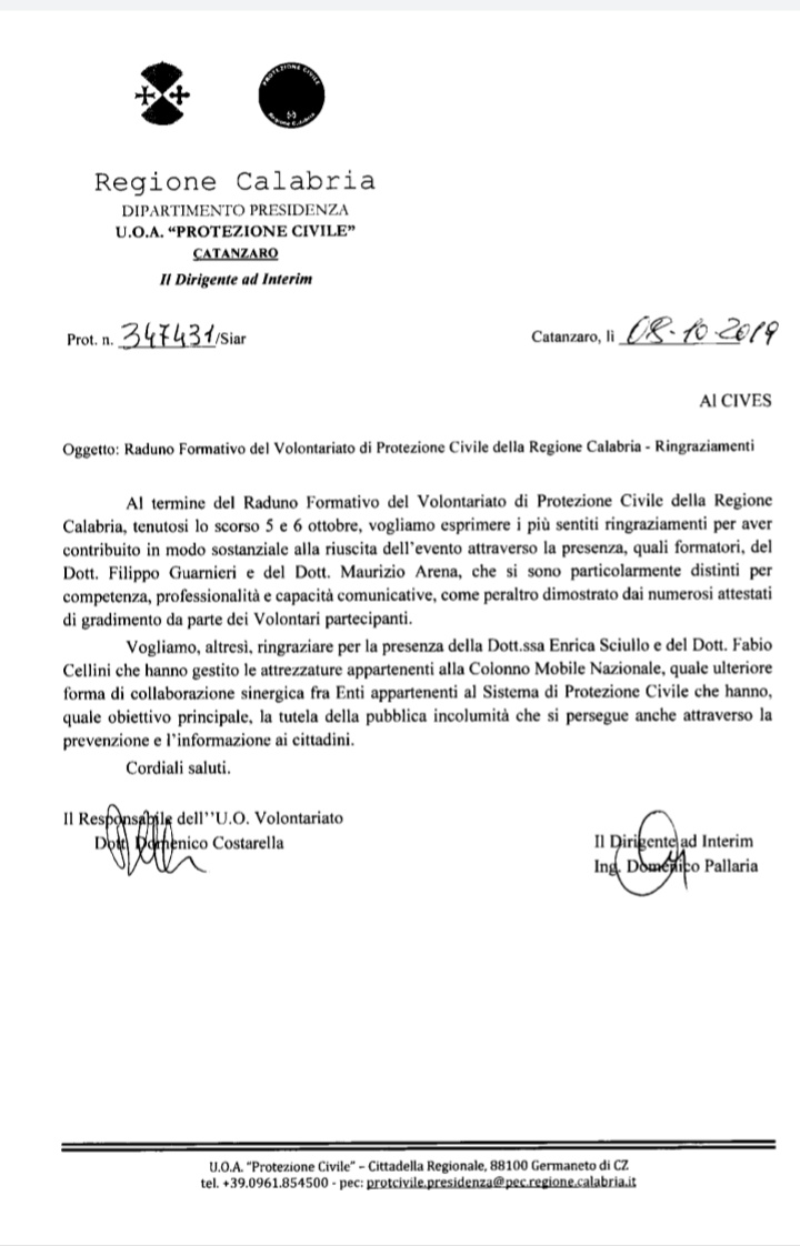 Ringraziamenti Ufficiali Protezione Civile Calabria a Cives e ai Soci presenti a Lamezia Terme