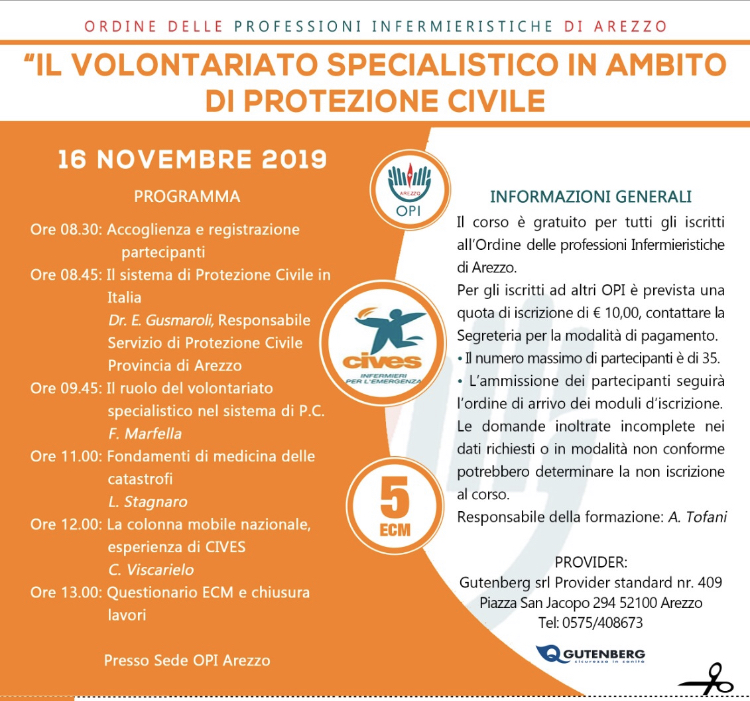 “Il Volontariato Specialistico in ambito di Protezione Civile” Cives e Opi Arezzo organizzano l’evento
