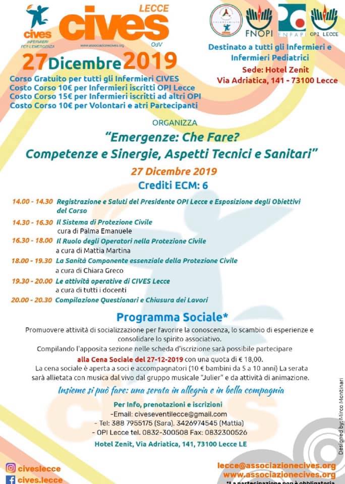 Corso ECM, CIVES Lecce: “Emergenze che fare? Competenze e Sinergie, Aspetti Tecnici e Sanitari”