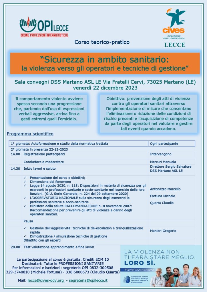 CIVES Lecce: Sicurezza in ambito sanitario: la violenza verso gli operatori e tecniche di gestione